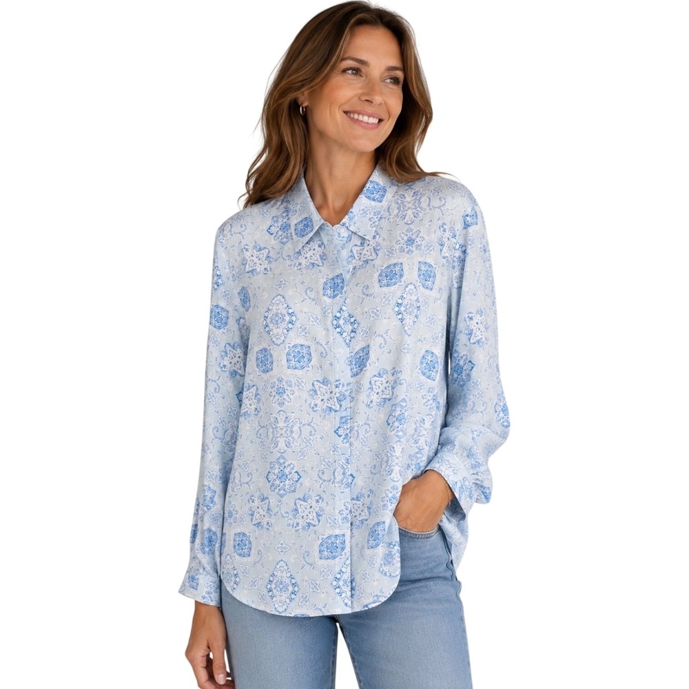 Pure Collection Women's 100% Silk Shirt Blue Button Down Size US 14